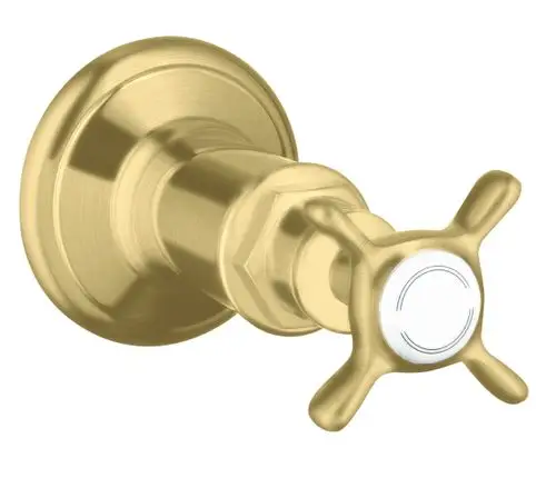 Brassfarbenes Unterputz-Absperrventil mit Kreuzgriff, gefertigt von AXOR. Das Design ermöglicht eine klare Bedienung und einfache Installation in sanitären Anlagen.